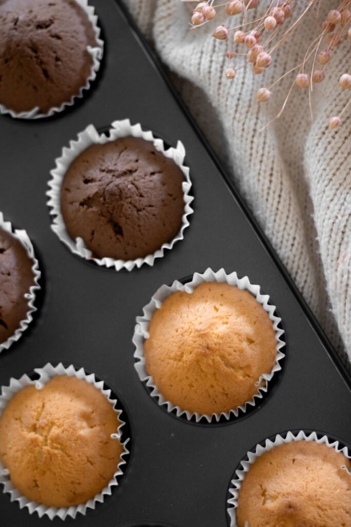 Generic freshly baked chocolate and vanilla muffins in a tray